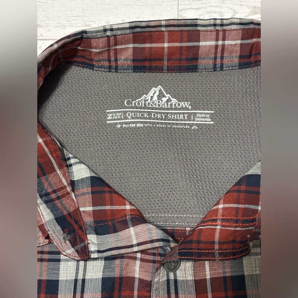 Croft & Barrow Quick Dry Long Sleeve Red Gray Men Button Plaid Shirt Sz XL Tall - Picture 4 of 11
